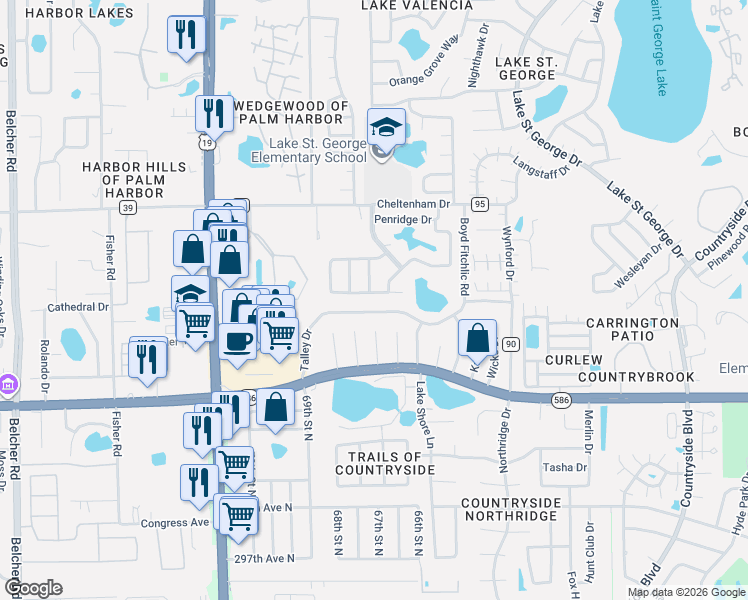 map of restaurants, bars, coffee shops, grocery stores, and more near 953 Valley View Circle in Palm Harbor