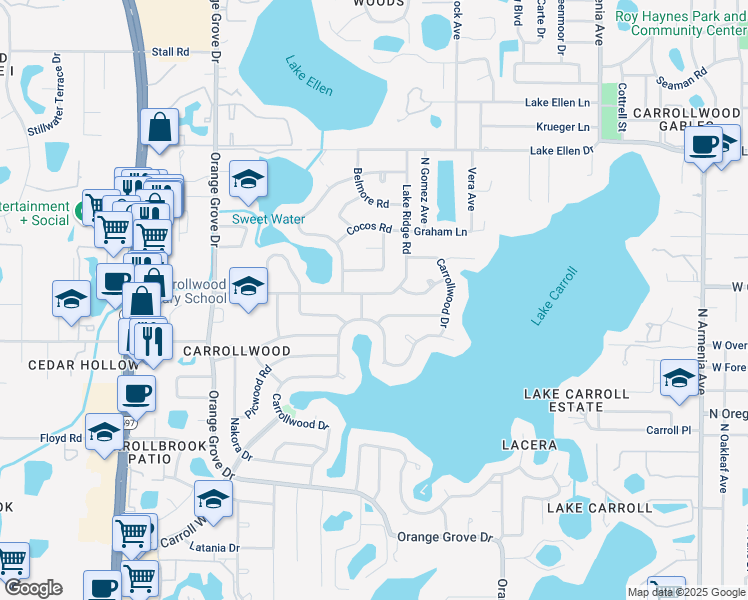 map of restaurants, bars, coffee shops, grocery stores, and more near 3109 McFarland Road in Greater Carrollwood
