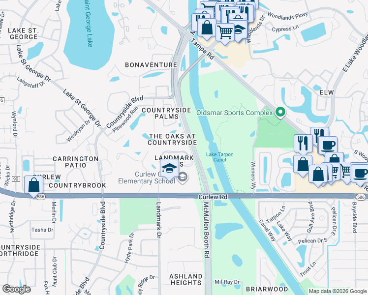 map of restaurants, bars, coffee shops, grocery stores, and more near 304 Landmark Boulevard in Palm Harbor