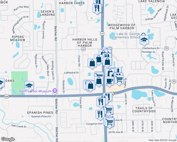 map of restaurants, bars, coffee shops, grocery stores, and more near 3627 Arboretum Place in Palm Harbor