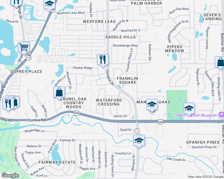 map of restaurants, bars, coffee shops, grocery stores, and more near 975 Omaha Street in Palm Harbor