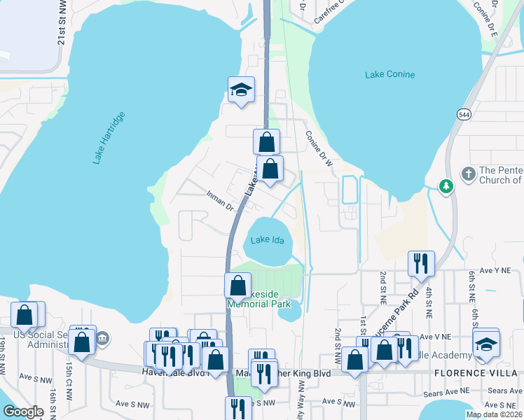 map of restaurants, bars, coffee shops, grocery stores, and more near 861 6th Street Northwest in Winter Haven