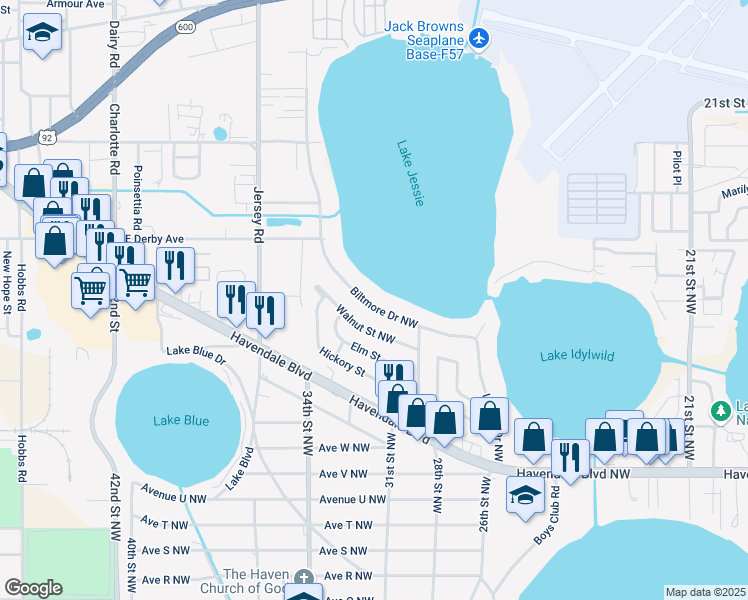 map of restaurants, bars, coffee shops, grocery stores, and more near 1020 Biltmore Drive Northwest in Winter Haven