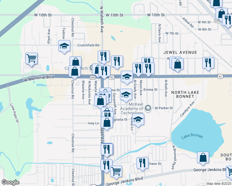 map of restaurants, bars, coffee shops, grocery stores, and more near 845 Savannah Avenue in Lakeland