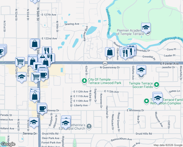 map of restaurants, bars, coffee shops, grocery stores, and more near 11407 West Queensway Drive in Tampa