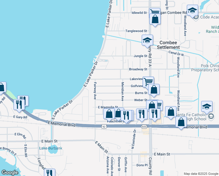map of restaurants, bars, coffee shops, grocery stores, and more near 2253 Golfview Street in Lakeland