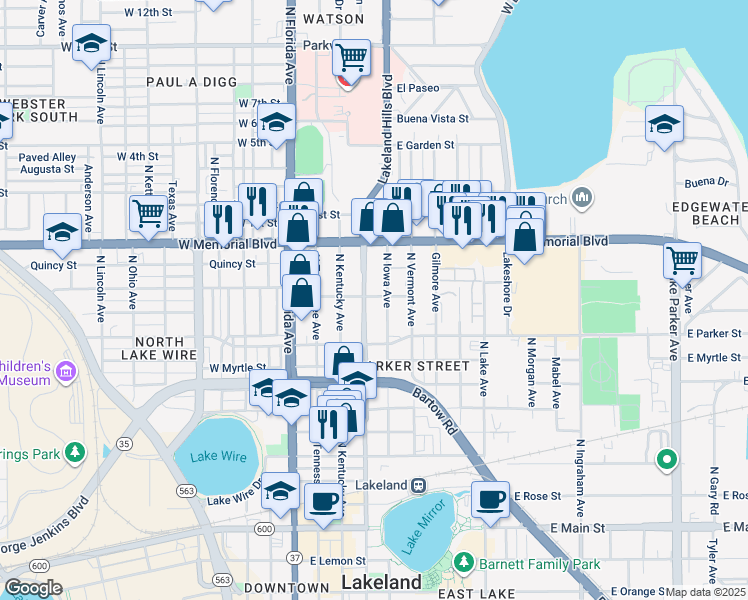 map of restaurants, bars, coffee shops, grocery stores, and more near 409 North Massachusetts Avenue in Lakeland