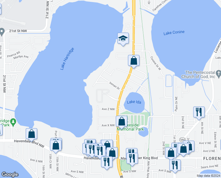 map of restaurants, bars, coffee shops, grocery stores, and more near 2235 Lakeridge Drive in Winter Haven