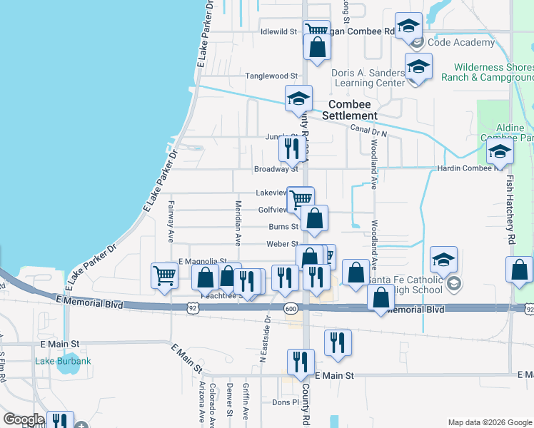 map of restaurants, bars, coffee shops, grocery stores, and more near 2441 Golfview Street in Lakeland