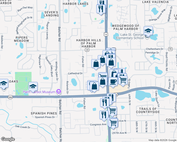 map of restaurants, bars, coffee shops, grocery stores, and more near 3627 Arboretum Place in Palm Harbor
