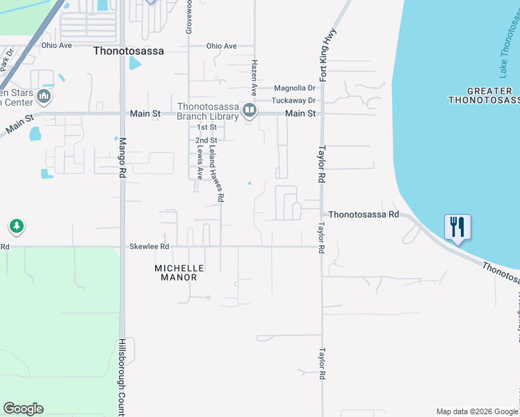 map of restaurants, bars, coffee shops, grocery stores, and more near 10802 Garden Village Court in Thonotosassa