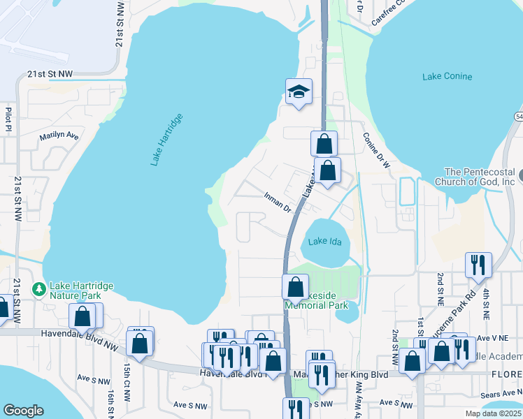 map of restaurants, bars, coffee shops, grocery stores, and more near 2223 Lakeridge Drive in Winter Haven