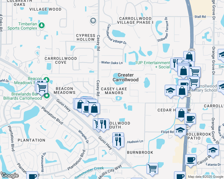 map of restaurants, bars, coffee shops, grocery stores, and more near 4402 Round Lake Court in Tampa