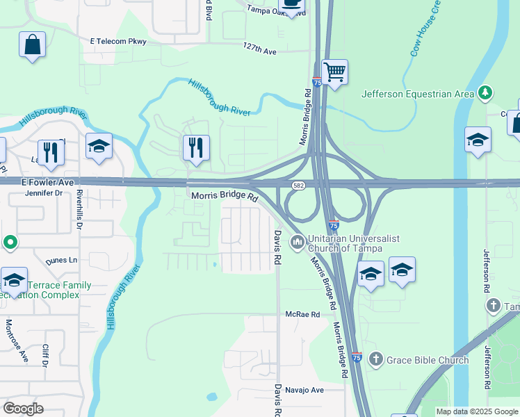map of restaurants, bars, coffee shops, grocery stores, and more near 11543 Leanne Ln in Tampa