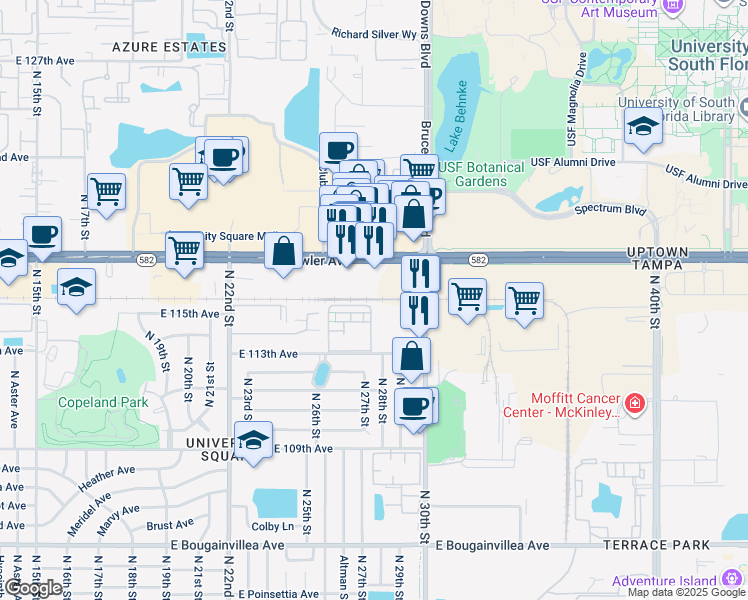 map of restaurants, bars, coffee shops, grocery stores, and more near 11500 North 30th Street in Tampa
