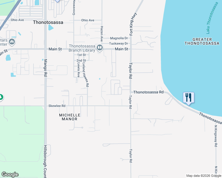 map of restaurants, bars, coffee shops, grocery stores, and more near 11651 Round Table Way in Thonotosassa