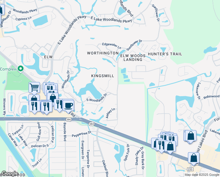 map of restaurants, bars, coffee shops, grocery stores, and more near 604 Kingsmill Court in Oldsmar
