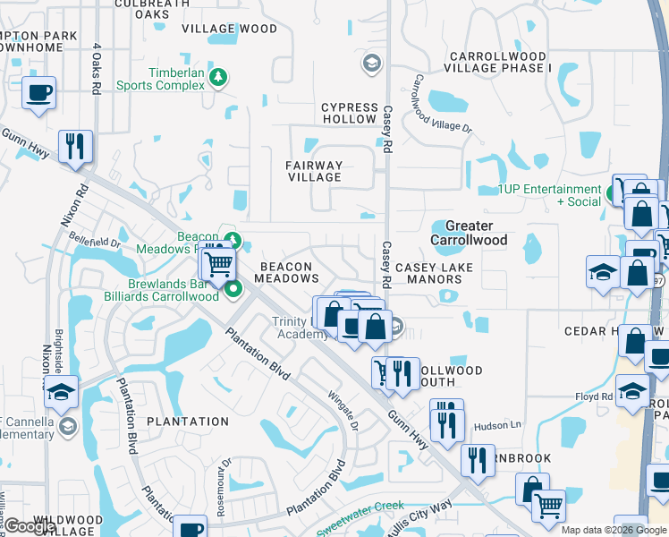 map of restaurants, bars, coffee shops, grocery stores, and more near 11608 Painted Hills Lane in Tampa