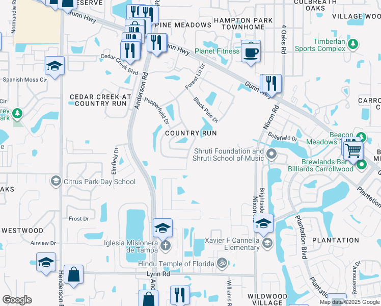 map of restaurants, bars, coffee shops, grocery stores, and more near 12307 Hidden Brook Drive in Tampa