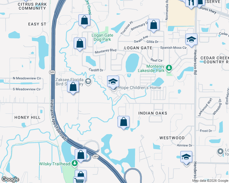 map of restaurants, bars, coffee shops, grocery stores, and more near 11415 Hope International Drive in Tampa