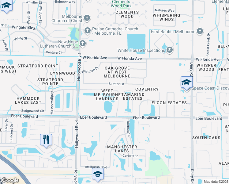 map of restaurants, bars, coffee shops, grocery stores, and more near 1477 Alaqua Way in Melbourne