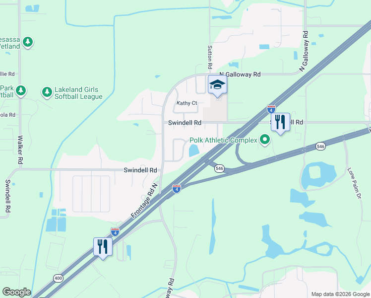 map of restaurants, bars, coffee shops, grocery stores, and more near 3524 Doreen Drive in Lakeland