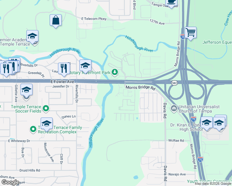 map of restaurants, bars, coffee shops, grocery stores, and more near 11568 Morris Bridge Road in Tampa
