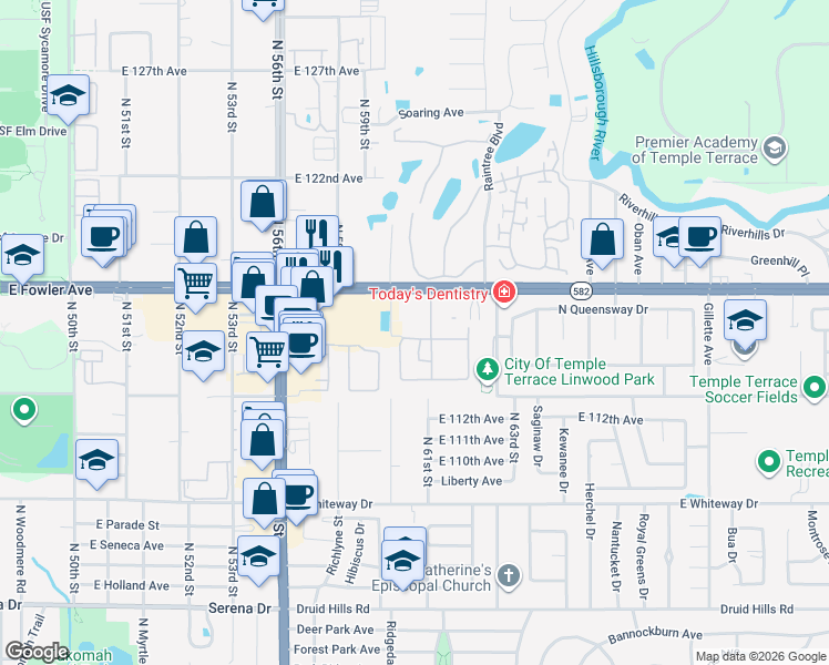 map of restaurants, bars, coffee shops, grocery stores, and more near 5901 East Fowler Avenue in Temple Terrace