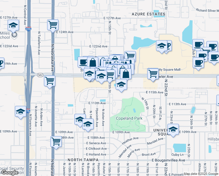 map of restaurants, bars, coffee shops, grocery stores, and more near 11606 North 15th Street in Tampa