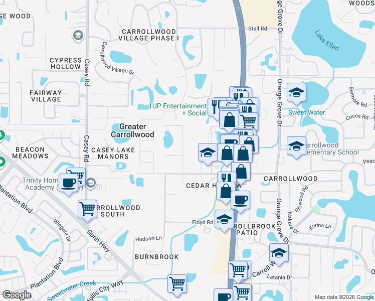 map of restaurants, bars, coffee shops, grocery stores, and more near 11504 North Grady Avenue in Tampa