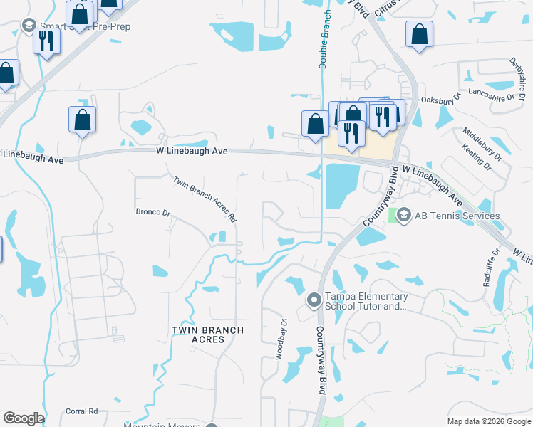 map of restaurants, bars, coffee shops, grocery stores, and more near 10406 Springrose Drive in Tampa