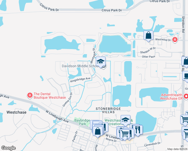 map of restaurants, bars, coffee shops, grocery stores, and more near 10101 Kingsbridge Avenue in Tampa
