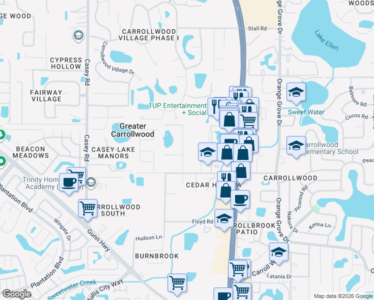 map of restaurants, bars, coffee shops, grocery stores, and more near 11504 North Grady Avenue in Tampa