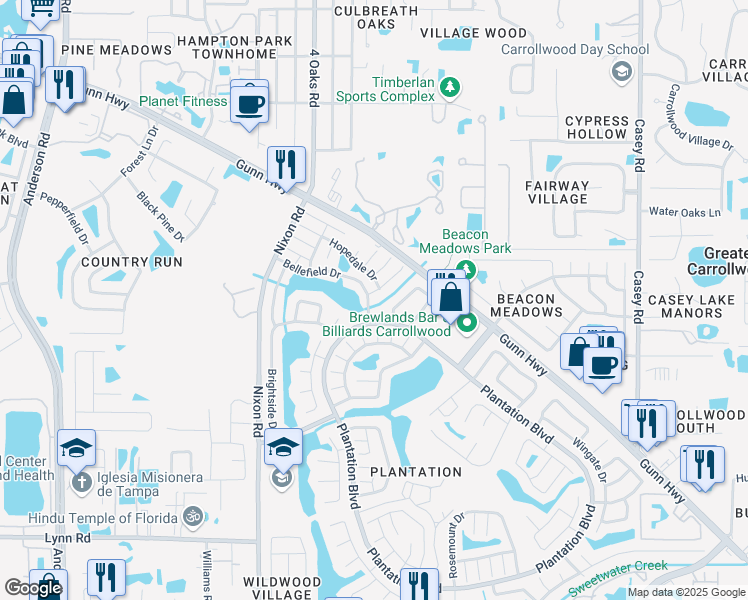 map of restaurants, bars, coffee shops, grocery stores, and more near 11301 Waveland Way in Tampa
