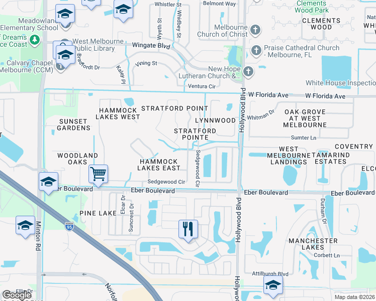 map of restaurants, bars, coffee shops, grocery stores, and more near 459 Sedgewood Circle in West Melbourne