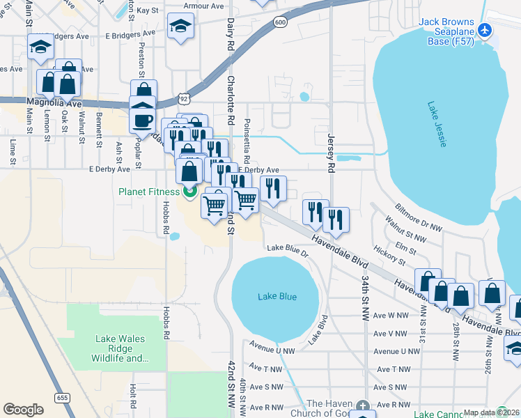 map of restaurants, bars, coffee shops, grocery stores, and more near 3103 Havendale Boulevard in Auburndale