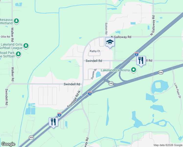 map of restaurants, bars, coffee shops, grocery stores, and more near 3524 Doreen Drive in Lakeland
