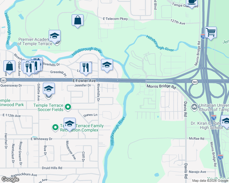 map of restaurants, bars, coffee shops, grocery stores, and more near 11403 Orilla Del Rio Place in Tampa