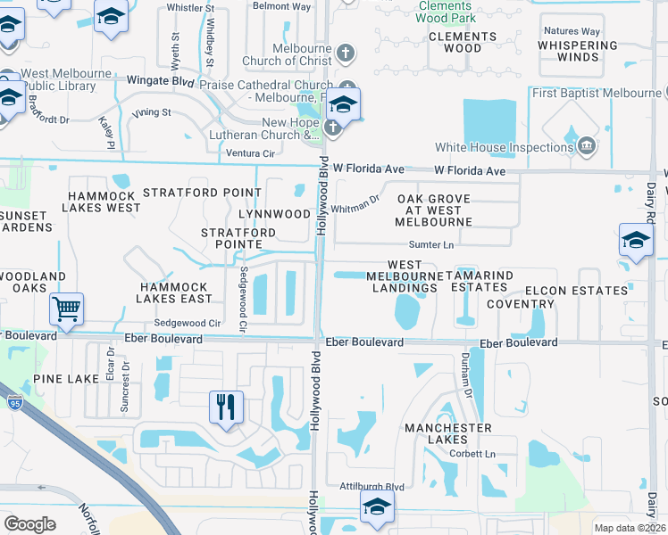 map of restaurants, bars, coffee shops, grocery stores, and more near 1767 Alaqua Way in Melbourne