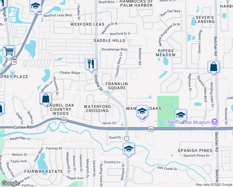 map of restaurants, bars, coffee shops, grocery stores, and more near 1426 Loman Ct in Palm Harbor