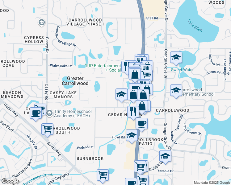 map of restaurants, bars, coffee shops, grocery stores, and more near 11424 Galleria Drive in Tampa