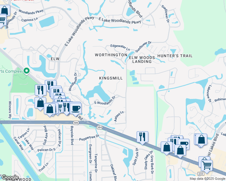 map of restaurants, bars, coffee shops, grocery stores, and more near 604 Kingsmill Court in Oldsmar