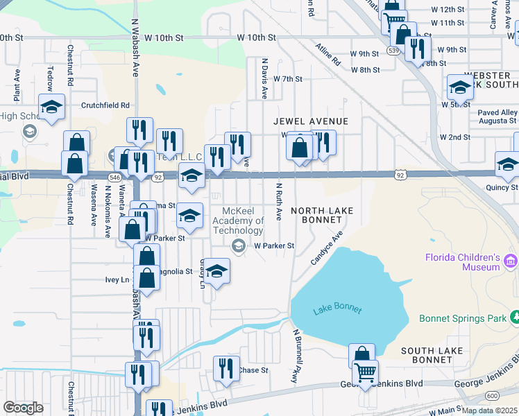 map of restaurants, bars, coffee shops, grocery stores, and more near 854 North Davis Avenue in Lakeland