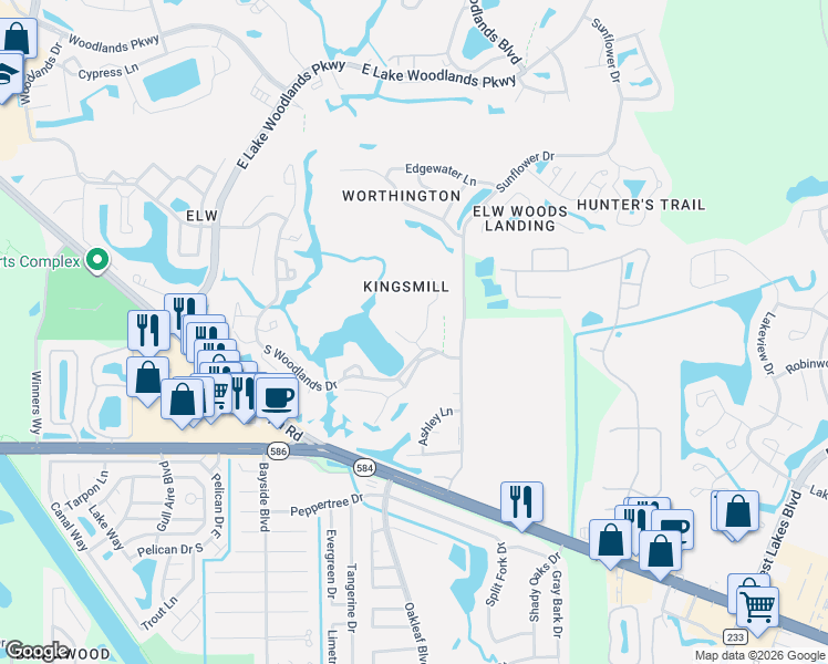 map of restaurants, bars, coffee shops, grocery stores, and more near 604 Kingsmill Court in Oldsmar