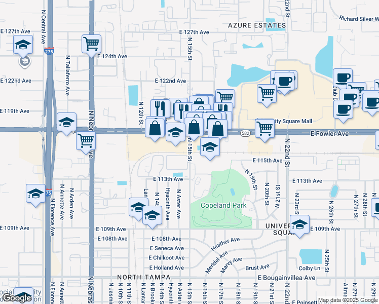 map of restaurants, bars, coffee shops, grocery stores, and more near 11606 North 15th Street in Tampa