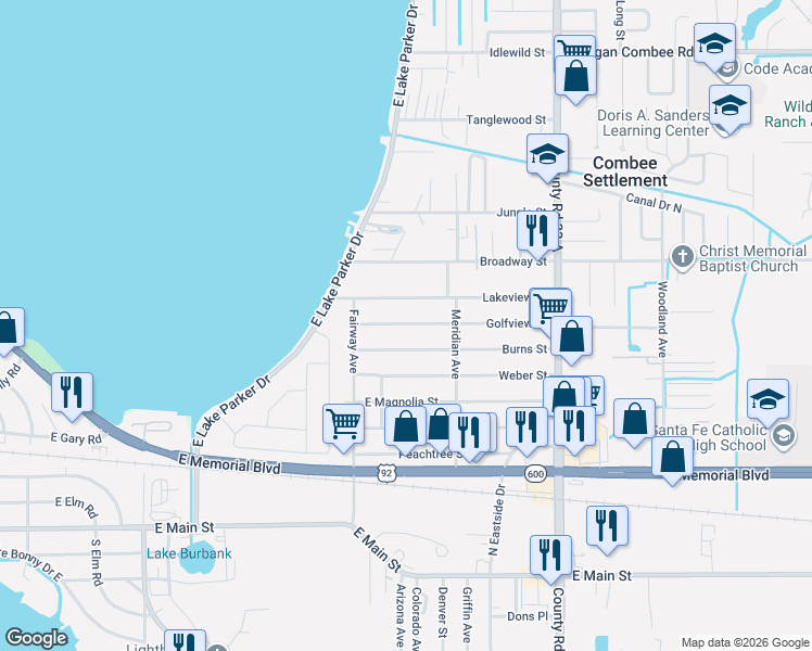map of restaurants, bars, coffee shops, grocery stores, and more near 2307 Golfview Street in Lakeland