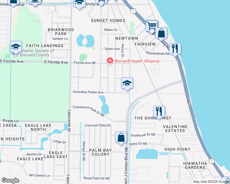 map of restaurants, bars, coffee shops, grocery stores, and more near 2106 Henry Street Northeast in Palm Bay
