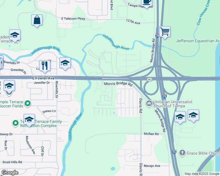 map of restaurants, bars, coffee shops, grocery stores, and more near 8628 Miramar Terrace Circle in Temple Terrace