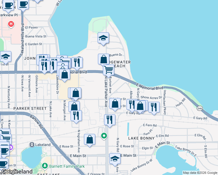 map of restaurants, bars, coffee shops, grocery stores, and more near 839 North Lake Parker Avenue in Lakeland