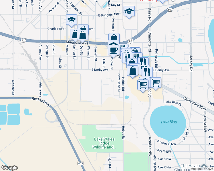 map of restaurants, bars, coffee shops, grocery stores, and more near 204 Kennedy Court in Auburndale